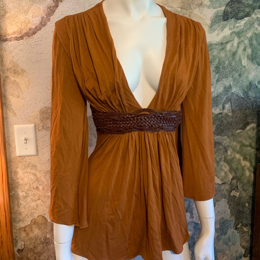 Sky Boutique brand Fall Blouse with Leather Detailing. Small. Burnt orange
